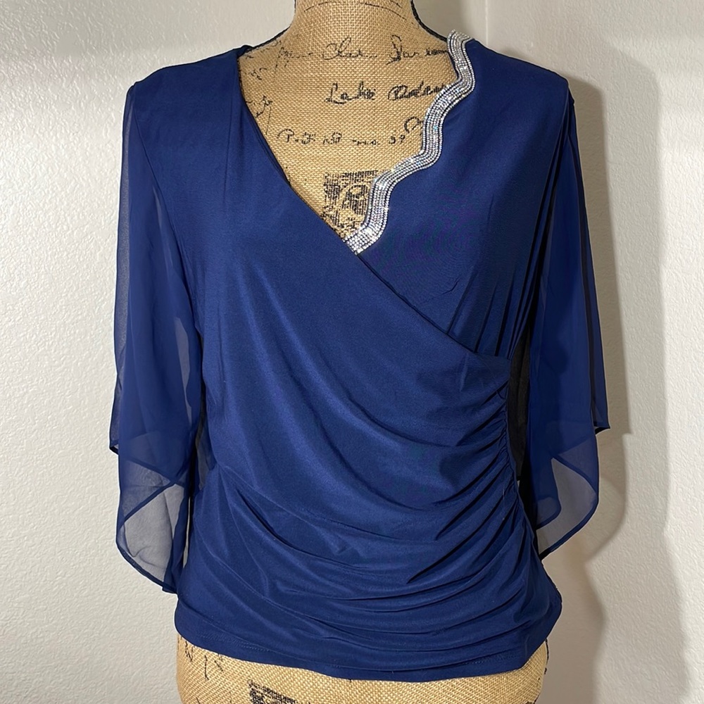 COPY- MSK Embellished Chiffon Sleeve Top Rhinestone Faux Wrap Surplice Blouse - Picture 4 of 17